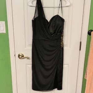 Xscape One Shoulder Black Dress with Embellishments